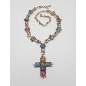 Sweet Romance Millefiori Glass Gold Tone Rhinestone Cross Pendant Necklace